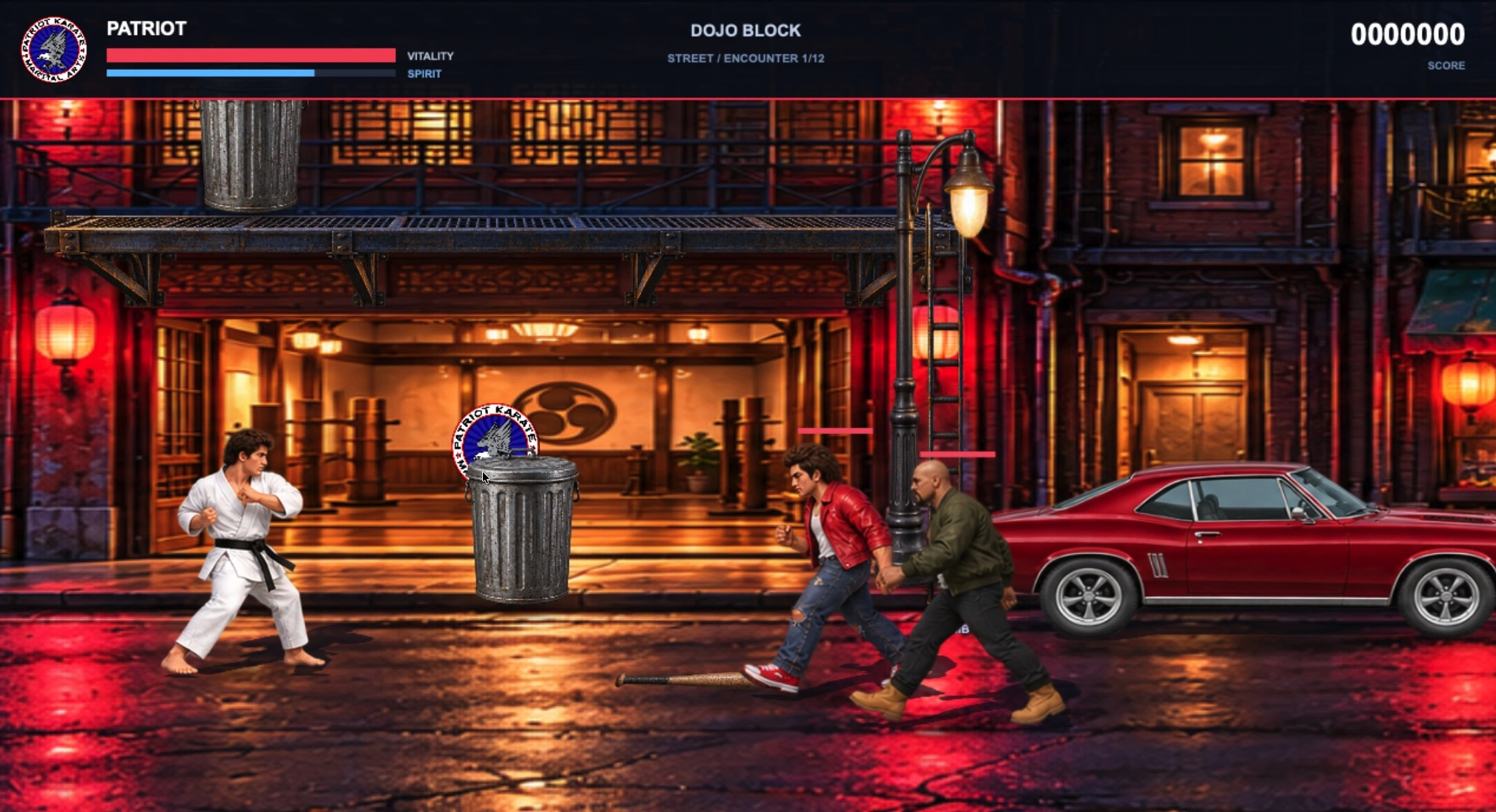 Patriot Karate gameplay: a martial artist outside a lantern-lit dojo faces two opponents.